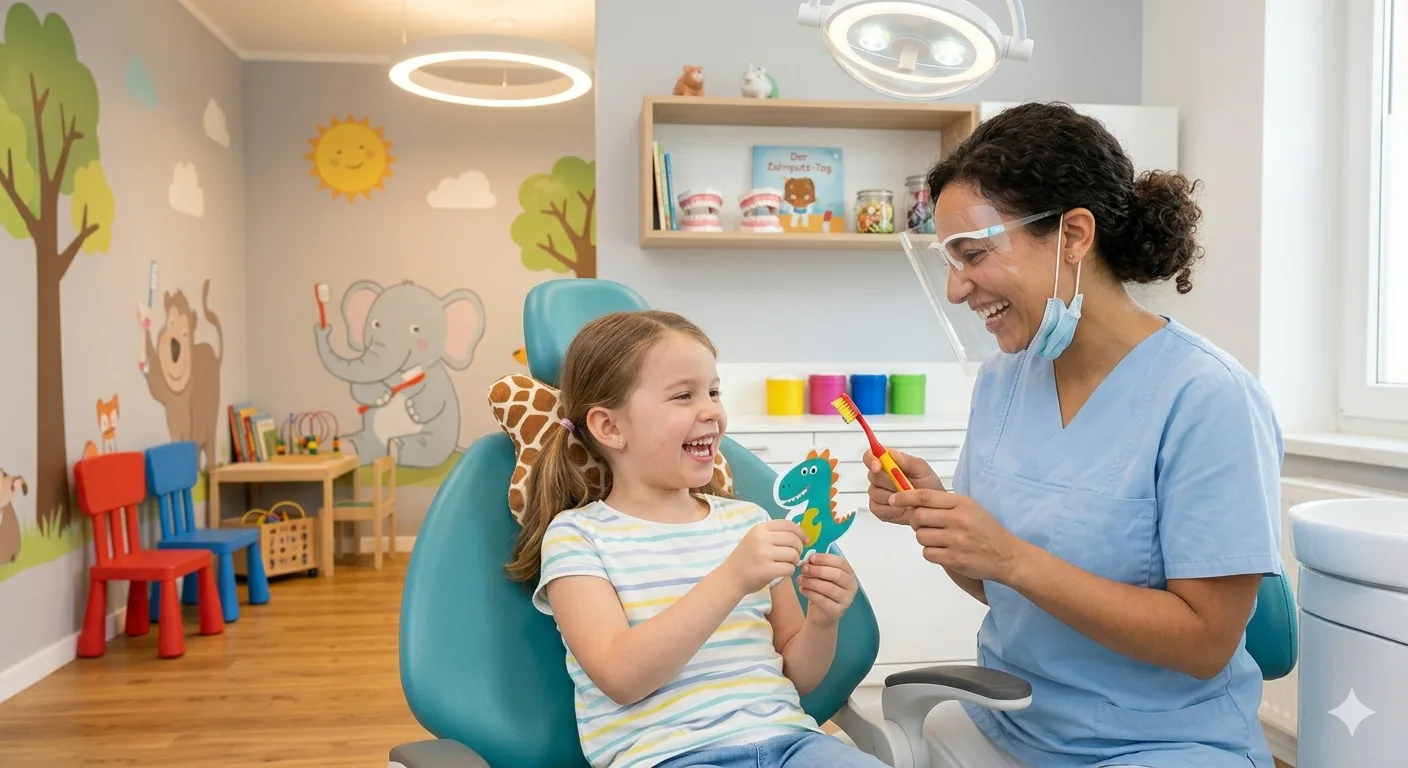 Kind lacht gemeinsam mit der Zahn&auml;rztin in kindgerechter Praxisatmosph&auml;re